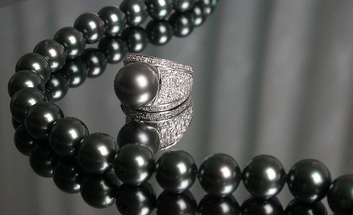 mm천연흑진주와 98개의 천연다이아로 세팅된 반지, 11mm흑진주 비드목걸이